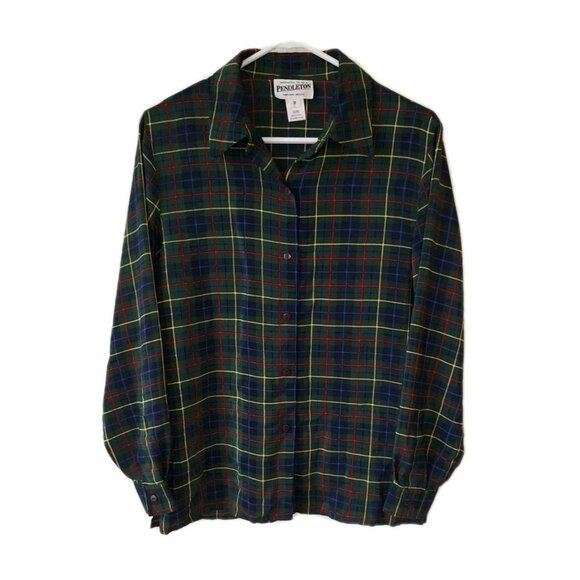 Pendleton Women's Size 12 Long Sleeve Button Down Shirt Green 100% Silk Vintage - Picture 1 of 4